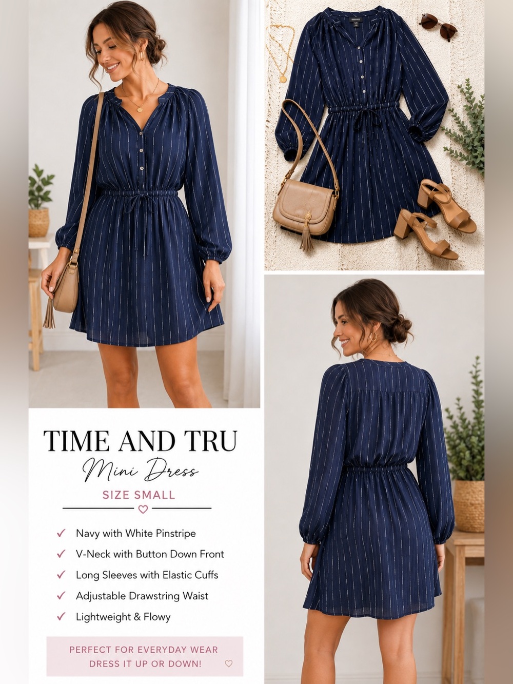 Time and Tru Navy Pinstripe V-Neck Mini Dress